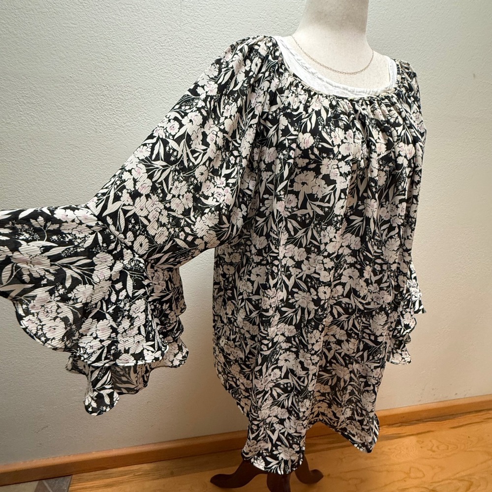 Chaps Sheer Flowy Floral Black White Lightweight Blouse Top Women Plus‎ Size 3X
